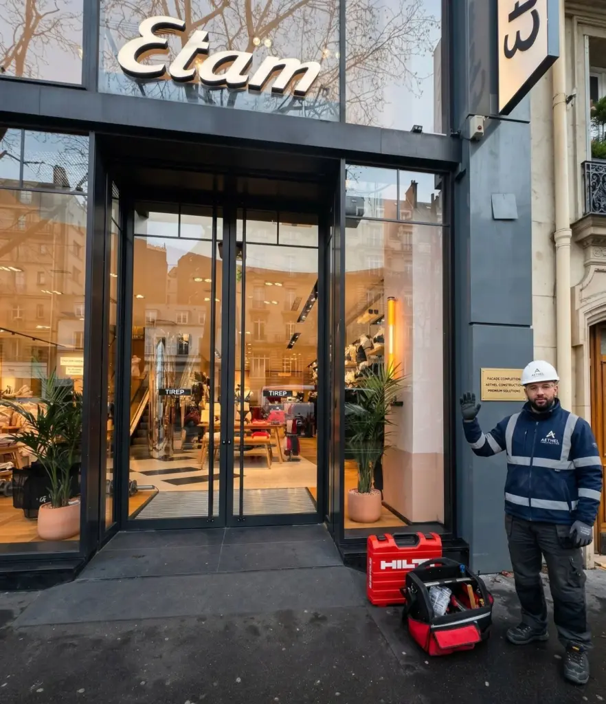 Technicien PROMETAL TMF qualifié intervenant pour le dépannage de menuiserie métallique sur la vitrine d'un magasin.