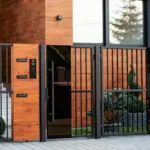 Portail et portillon métalliques modernes sur mesure, noirs avec inserts en bois et système d'interphone intégré, réalisés par PROMETAL TMF